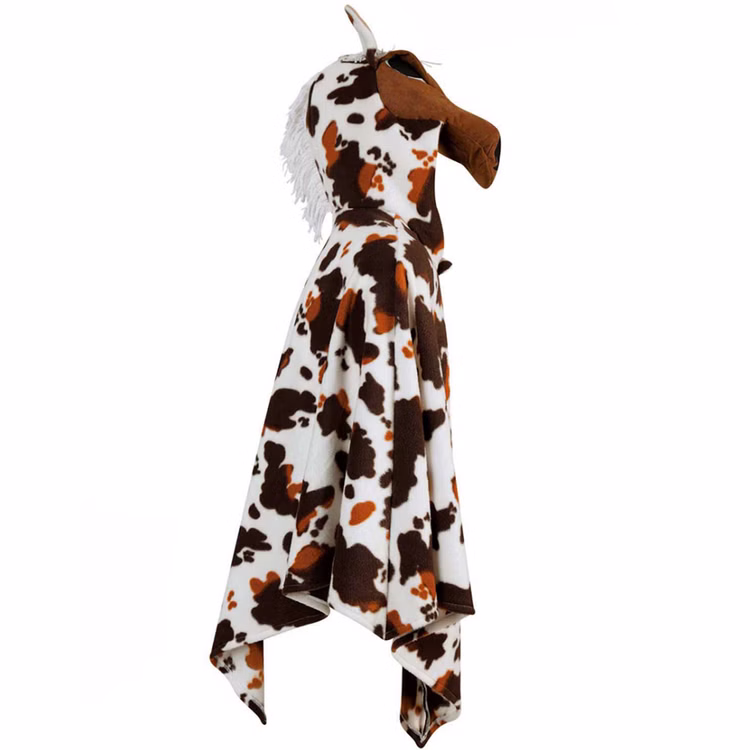 Western Pferdekostüm Hufbert Poncho mit Kapuze Erwachsene Tierkostüm Pferd-Kostüm Western-Outfit für Damen und Herren Lustiges Tierkostüm Fasching Karneval Mottoparty Seitliche Ansicht des Pferdekostüms Hufbert mit großer Pferdekopf-Kapuze und weit fallendem Poncho-Schnitt.