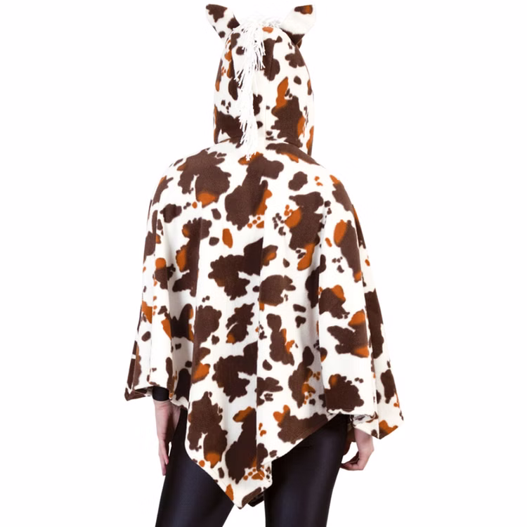 Western Pferdekostüm Hufbert Poncho mit Kapuze Erwachsene Tierkostüm Pferd-Kostüm Western-Outfit für Damen und Herren Lustiges Tierkostüm Fasching Karneval Mottoparty Rückansicht des Pferde-Ponchos Hufbert mit braun-weißem Fellmuster, Pferdeohren und weißer Mähne auf der Kapuze.
