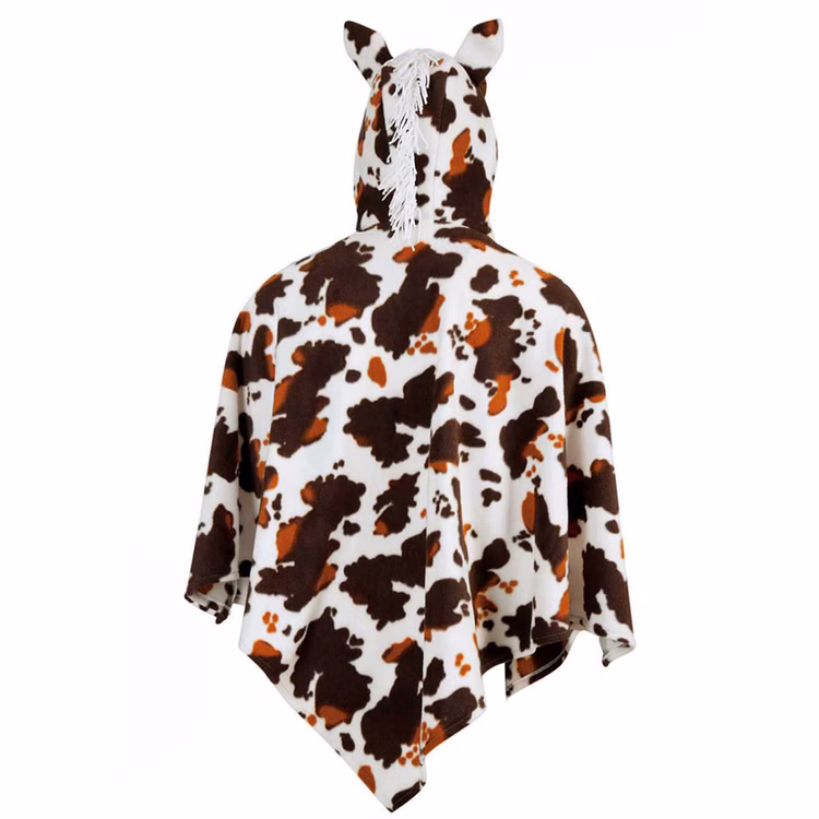 Western Pferdekostüm Hufbert Poncho mit Kapuze Erwachsene Tierkostüm Pferd-Kostüm Western-Outfit für Damen und Herren Lustiges Tierkostüm Fasching Karneval Mottoparty Rückansicht des Pferdekostüms Hufbert freigestellt vor hellem Hintergrund mit sichtbarer Pferdemähne auf der Kapuze.