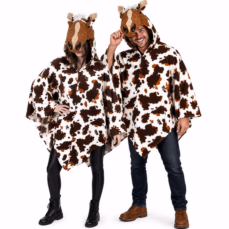 Western Pferdekostüm Hufbert Poncho mit Kapuze Erwachsene Tierkostüm Pferd-Kostüm Western-Outfit für Damen und Herren Lustiges Tierkostüm Fasching Karneval Mottoparty Dame und Herr präsentieren gemeinsam den Western Pferde-Poncho „Hufbert“ für Erwachsene. Beide tragen die braun-weiß gemusterte Tunika mit Kapuze in Pferdekopf-Design und zeigen die Unisex-Passform des humorvollen Tierkostüms.