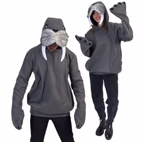 Walross Kostüm Unisex Damen Herren Graues Walross-Kostüm für Damen und Herren mit Tierkapuze, Fellbesatz, weißen Stoßzähnen und flossenförmigen Ärmeln.