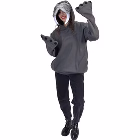 Walross Kostüm Damen Tier Hoodie Grau Frau im grauen Walross-Kostüm mit Kapuze, weißem Fellbesatz, langen Stoßzähnen und flossenförmigen Ärmeln.