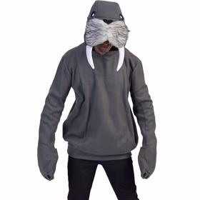 Walross Kostüm Herren Tier Hoodie Grau Mann trägt ein graues Walross-Kostüm mit großer Tierkapuze, Fellbesatz, weißen Stoßzähnen und langen Flossenärmeln.