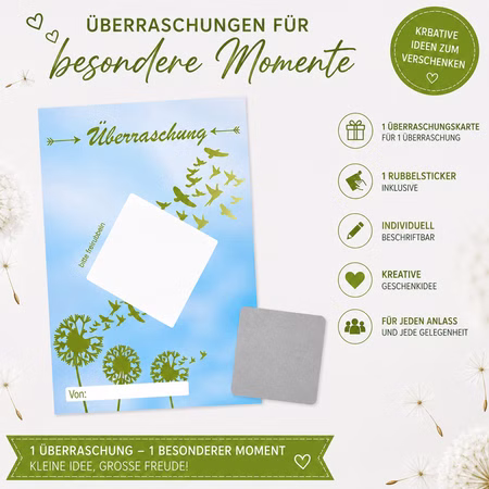 Überraschungskarte mit Rubbelsticker Pusteblume DIN A6 1 Karte mit silbernen Etikett zum freirubbeln Gutschein Beste Freunde Muttertag DIY Geschenk Überraschung Produktübersicht des 1er-Sets mit einer Überraschungskarte, einem Rubbelsticker sowie Informationen zu Inhalt und Verwendung.