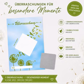Produktübersicht des 1er-Sets mit einer Überraschungskarte, einem Rubbelsticker sowie Informationen zu Inhalt und Verwendung.
