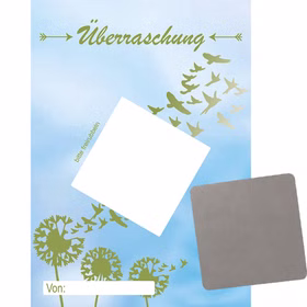 Überraschungskarte im Pusteblumen-Design mit einzelnem silbernen Rubbelsticker zum individuellen Beschriften und Freirubbeln.
