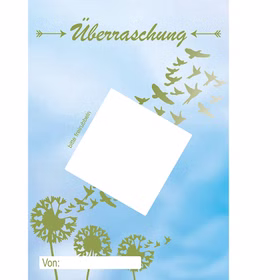 Einzelne Überraschungskarte im DIN-A6-Format mit Pusteblumen-Motiv und schräg platziertem Feld für den Rubbelsticker.