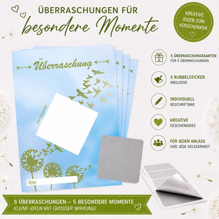Überraschungskarten Pusteblume mit Rubbelstickern 5 Karten DIN A6 mit 5 Rubbel-Etiketten zum freirubbeln Gutschein Beste Freunde Muttertag DIY Geschenk Überraschung Produktübersicht des 5er-Sets mit einer Überraschungskarte, fünf Rubbelsticker sowie Informationen zu Inhalt und Verwendung.