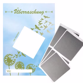 5 Überraschungskarten im Pusteblumen-Design mit fünf silbernen Rubbelstickern zum individuellen Beschriften und Freirubbeln.