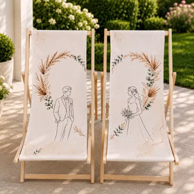 Zwei Hochzeits-Liegestühle mit Braut- und Bräutigam-Motiv stehen als Set auf heller Terrasse vor grünem Garten. Hinweis: KI generiertes Bild
