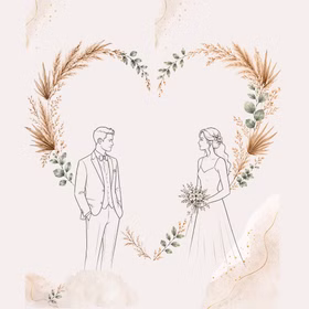 Boho-Motiv mit Braut und Bräutigam, Pampasgras, Eukalyptus und zarten Aquarell-Details auf hellem Hintergrund.