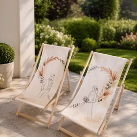 Zwei Boho-Hochzeitsliegestühle stehen leicht schräg auf einer Terrasse mit Garten, Pflanzen und weichem Sonnenlicht. Hinweis: KI generiertes Bild