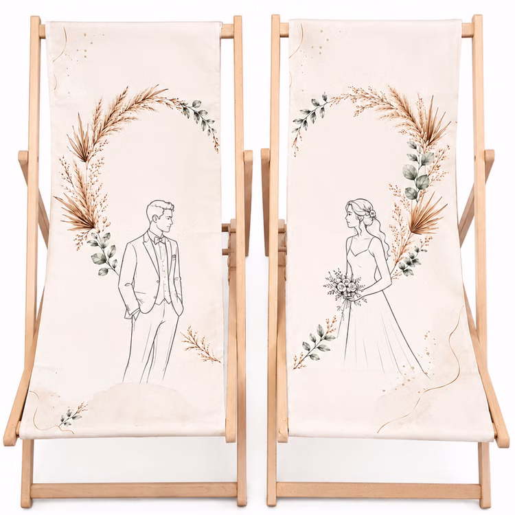 Boho Hochzeits-Liegestuhl 2-er Set Braut & Bräutigam Hochwertiges Hochzeitsgeschenk Geschenkidee zur Hochzeit stilvolle Entspannung für Braut & Bräutigam Liegestuhl-Set mit zwei Holzgestellen und abwischbarem Laken mit Braut- und Bräutigam-Illustration im Boho-Stil.