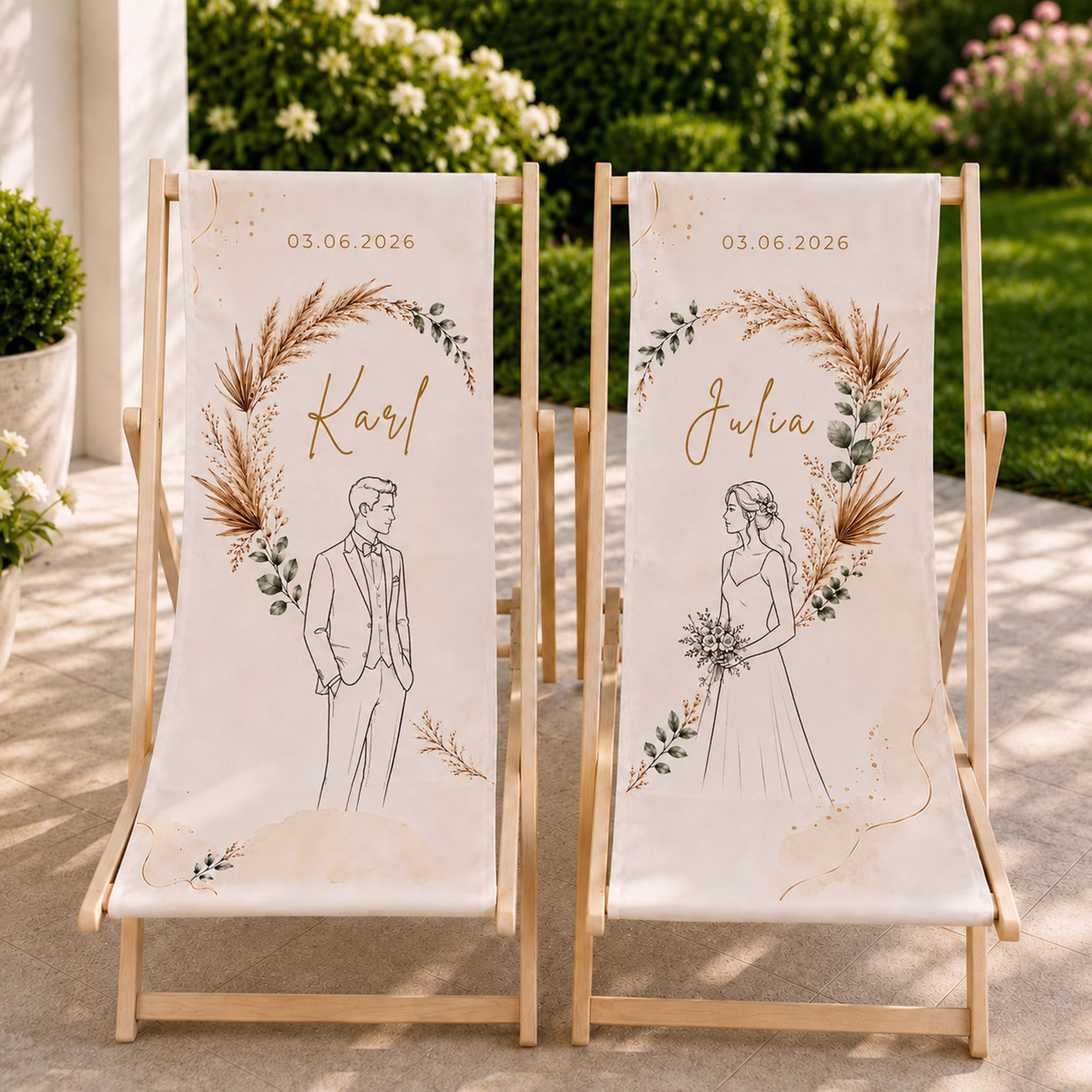 Boho Hochzeits-Liegestuhl 2er-Set personalisiert mit Vornamen & Hochzeitsdatum Hochwertiges Hochzeitsgeschenk Geschenkidee zur Hochzeit stilvolle Entspannung für Braut & Bräutigam Zwei personalisierte Hochzeits-Liegestühle mit Karl und Julia Motiv auf einer sonnigen Terrasse mit Gartenblick. Hinweis: KI generiertes Bild