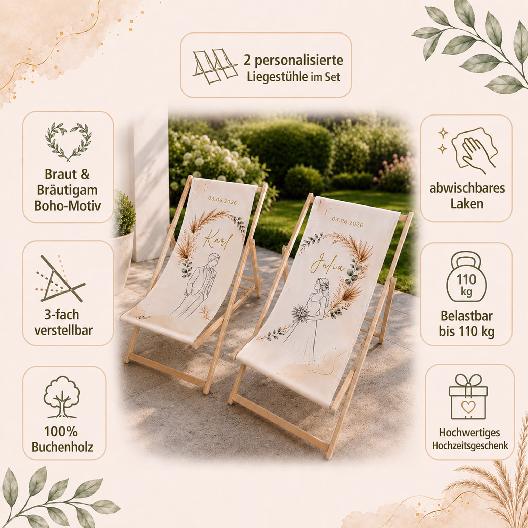 Boho Hochzeits-Liegestuhl 2er-Set personalisiert mit Vornamen & Hochzeitsdatum Hochwertiges Hochzeitsgeschenk Geschenkidee zur Hochzeit stilvolle Entspannung für Braut & Bräutigam Infografik für zwei personalisierte Hochzeits-Liegestühle mit Namen, Datum, Boho-Motiv und wichtigsten Produkteigenschaften. Hinweis: KI generiertes Bild