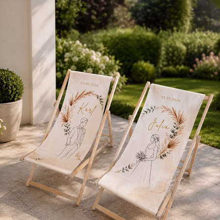 Boho Hochzeits-Liegestuhl 2er-Set personalisiert mit Vornamen & Hochzeitsdatum Hochwertiges Hochzeitsgeschenk Geschenkidee zur Hochzeit stilvolle Entspannung für Braut & Bräutigam Personalisiertes Liegestuhl-Set für Braut und Bräutigam mit Namen und Hochzeitsdatum im romantischen Boho-Stil.