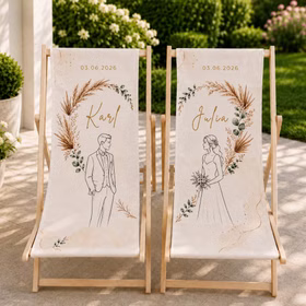 Boho Hochzeits-Liegestuhl 2er-Set personalisiert mit Vornamen & Hochzeitsdatum Hochwertiges Hochzeitsgeschenk Geschenkidee zur Hochzeit stilvolle Entspannung für Braut & Bräutigam Zwei personalisierte Hochzeits-Liegestühle mit Karl und Julia Motiv auf einer sonnigen Terrasse mit Gartenblick.