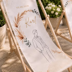 Boho Hochzeits-Liegestuhl 2er-Set personalisiert mit Vornamen & Hochzeitsdatum Hochwertiges Hochzeitsgeschenk Geschenkidee zur Hochzeit stilvolle Entspannung für Braut & Bräutigam Personalisierter Bräutigam-Liegestuhl mit Name Karl, Hochzeitsdatum und Boho-Motiv auf einer sonnigen Terrasse.