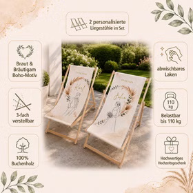 Boho Hochzeits-Liegestuhl 2er-Set personalisiert mit Vornamen & Hochzeitsdatum Hochwertiges Hochzeitsgeschenk Geschenkidee zur Hochzeit stilvolle Entspannung für Braut & Bräutigam Infografik für zwei personalisierte Hochzeits-Liegestühle mit Namen, Datum, Boho-Motiv und wichtigsten Produkteigenschaften.