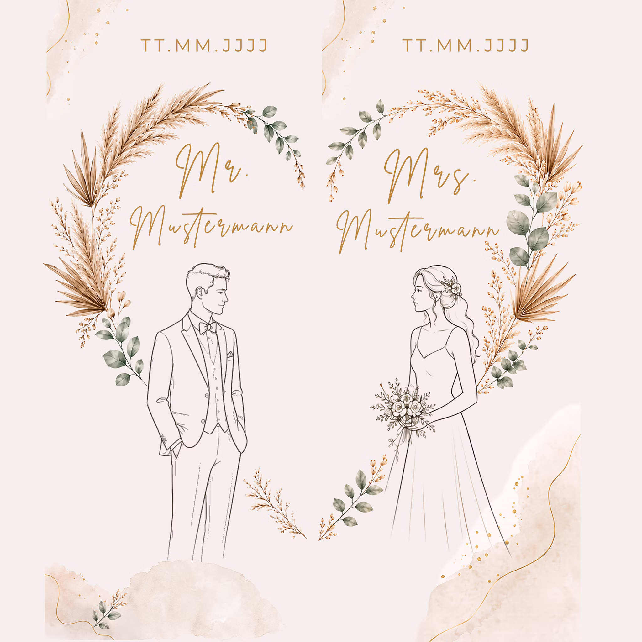 Boho Hochzeits-Liegestuhl 2er-Set Mr. & Mrs. mit Nachname & Hochzeitsdatum Hochwertiges Hochzeitsgeschenk Geschenkidee zur Hochzeit stilvolle Entspannung für Braut & Bräutigam Druckvorlage für personalisierte Hochzeits-Liegestühle im Boho-Stil mit Platzhaltern für Datum sowie Mr. und Mrs. Mustername.