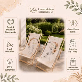 Boho Hochzeits-Liegestuhl 2er-Set Mr. & Mrs. mit Nachname & Hochzeitsdatum Hochwertiges Hochzeitsgeschenk Geschenkidee zur Hochzeit stilvolle Entspannung für Braut & Bräutigam Infografik mit zwei personalisierten Hochzeits-Liegestühlen, Boho-Motiv, Produkteigenschaften und den Namen Mr. und Mrs. Schmidt.