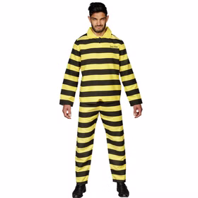 Lucky Luke Dalton Brüder Kostüm Sträfling Bandit Western Herren Gr. M-XXL Fasching Karneval Mottoparty Comicheld Lizenz Paarkostüm Gruppenkostüm Herrenmodell trägt das gelb-schwarz gestreifte Lucky Luke Dalton Kostüm mit Oberteil, Hose und Dalton-Schriftzug von vorn.