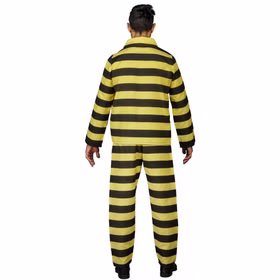 Lucky Luke Dalton Brüder Kostüm Sträfling Bandit Western Herren Gr. M-XXL Fasching Karneval Mottoparty Comicheld Lizenz Paarkostüm Gruppenkostüm Rückansicht des gelb-schwarz gestreiften Dalton-Brüder Kostüms für Herren mit langärmligem Oberteil und passender Hose.