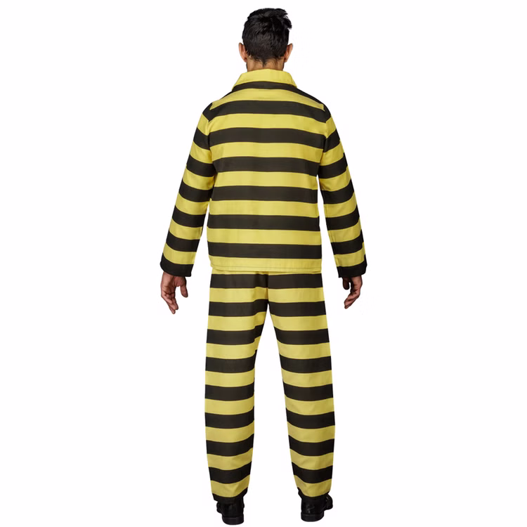 Lucky Luke Dalton Brüder Kostüm Sträfling Bandit Western Herren Gr. M-XXL Fasching Karneval Mottoparty Comicheld Lizenz Paarkostüm Gruppenkostüm Rückansicht des gelb-schwarz gestreiften Dalton-Brüder Kostüms für Herren mit langärmligem Oberteil und passender Hose.