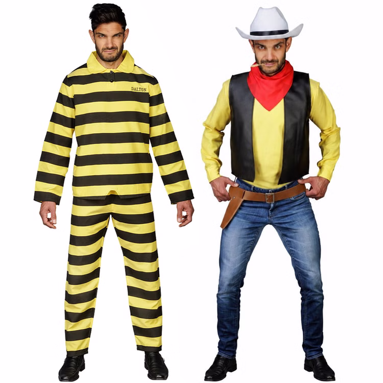 Lucky Luke Dalton Brüder Kostüm Sträfling Bandit Western Herren Gr. M-XXL Fasching Karneval Mottoparty Comicheld Lizenz Paarkostüm Gruppenkostüm Dalton-Sträflingskostüm neben einem Lucky-Luke-Kostüm als passende Kombination für Western-, Paar- oder Gruppenkostüme.
