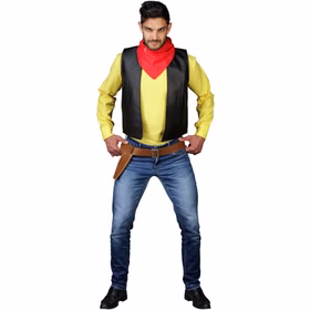 Lucky Luke Kostüm Cowboy Westernheld mit Holster für Herren Gr. M-XXL Lizenzkostüm Fasching Karneval Mottoparty Paarkostüm Gruppenkostüm Herrenmodell trägt das Lucky-Luke-Kostüm mit gelbem Oberteil, schwarzer Weste, rotem Halstuch und braunem Holster.