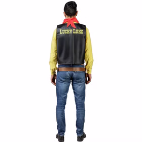 Lucky Luke Kostüm Cowboy Westernheld mit Holster für Herren Gr. M-XXL Lizenzkostüm Fasching Karneval Mottoparty Paarkostüm Gruppenkostüm Rückansicht des Lucky-Luke-Kostüms mit gelbem Schriftzug „Lucky Luke“ auf der schwarzen Weste und rotem Halstuch.