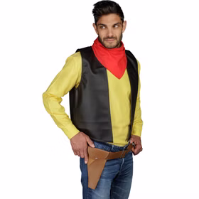 Lucky Luke Kostüm Cowboy Westernheld mit Holster für Herren Gr. M-XXL Lizenzkostüm Fasching Karneval Mottoparty Paarkostüm Gruppenkostüm Lucky-Luke-Lizenzkostüm für Herren mit schwarzer Weste, gelbem Oberteil, rotem Halstuch und braunem Gürtelholster.