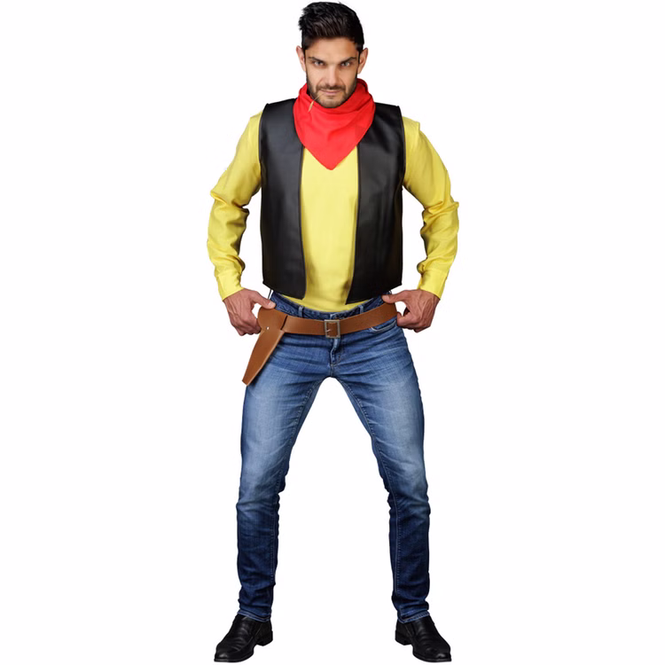 Lucky Luke Kostüm Cowboy Westernheld mit Holster für Herren Gr. M-XXL Lizenzkostüm Fasching Karneval Mottoparty Paarkostüm Gruppenkostüm Herrenmodell trägt das Lucky-Luke-Kostüm mit gelbem Oberteil, schwarzer Weste, rotem Halstuch und braunem Holster.