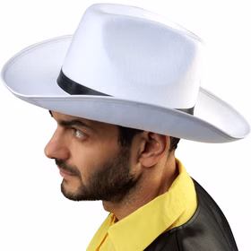 Lucky Luke Cowboy Hut weiß Western Zubehör für Herren Lizenzartikel Fasching Karneval Mottoparty Kostüm-Zubehör Seitliche Ansicht des weißen Lucky-Luke-Cowboyhuts mit schwarzem Hutband und breiter, geschwungener Krempe.
