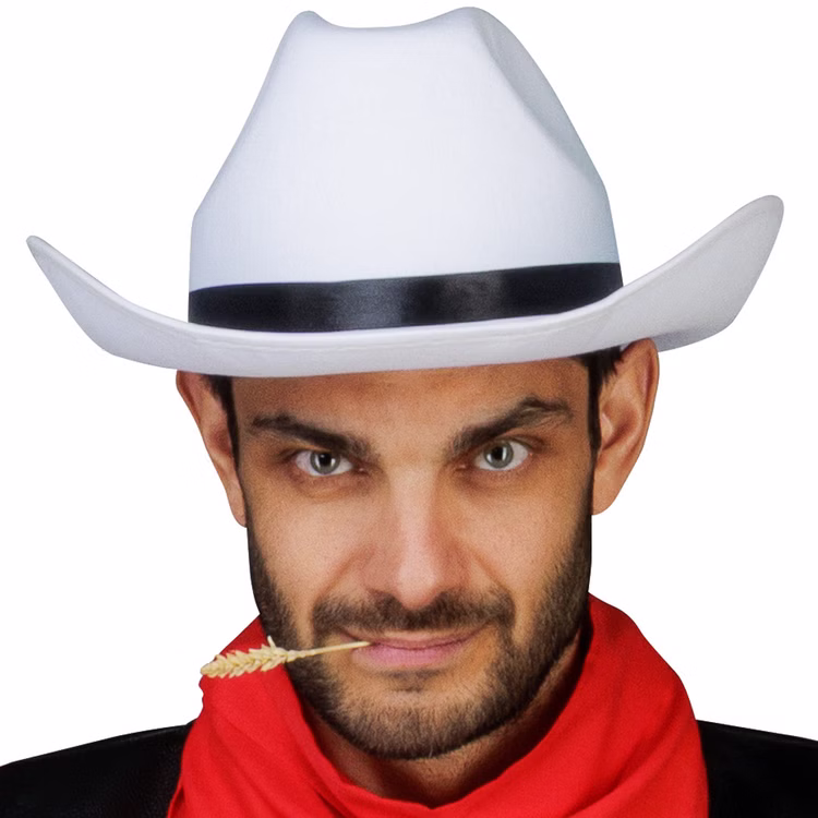 Lucky Luke Cowboy Hut weiß Western Zubehör für Herren Lizenzartikel Fasching Karneval Mottoparty Kostüm-Zubehör Herrenmodell trägt den weißen Lucky-Luke-Cowboyhut mit schwarzem Hutband frontal vor weißem Hintergrund.