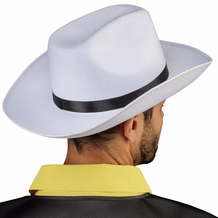 Lucky Luke Cowboy Hut weiß Western Zubehör für Herren Lizenzartikel Fasching Karneval Mottoparty Kostüm-Zubehör Rückansicht des weißen Lucky-Luke-Cowboyhuts mit schwarzem Hutband und seitlich geschwungener Krempe.