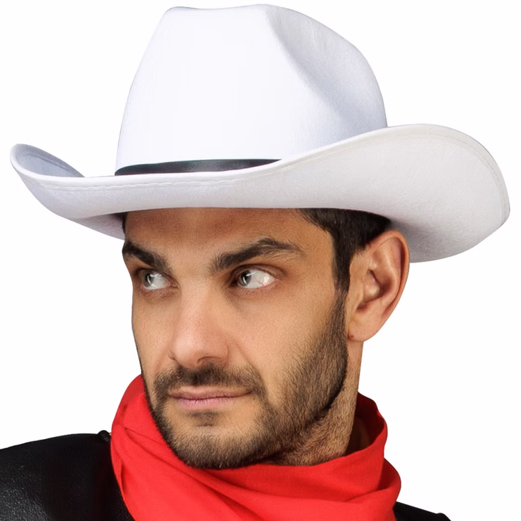 Lucky Luke Cowboy Hut weiß Western Zubehör für Herren Lizenzartikel Fasching Karneval Mottoparty Kostüm-Zubehör Weiße Lucky-Luke-Cowboyhut mit schwarzem Hutband am Herrenmodell, schräg von vorn dargestellt.