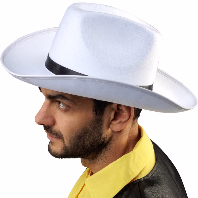 Lucky Luke Cowboy Hut weiß Western Zubehör für Herren Lizenzartikel Fasching Karneval Mottoparty Kostüm-Zubehör Seitliche Ansicht des weißen Lucky-Luke-Cowboyhuts mit schwarzem Hutband und breiter, geschwungener Krempe.