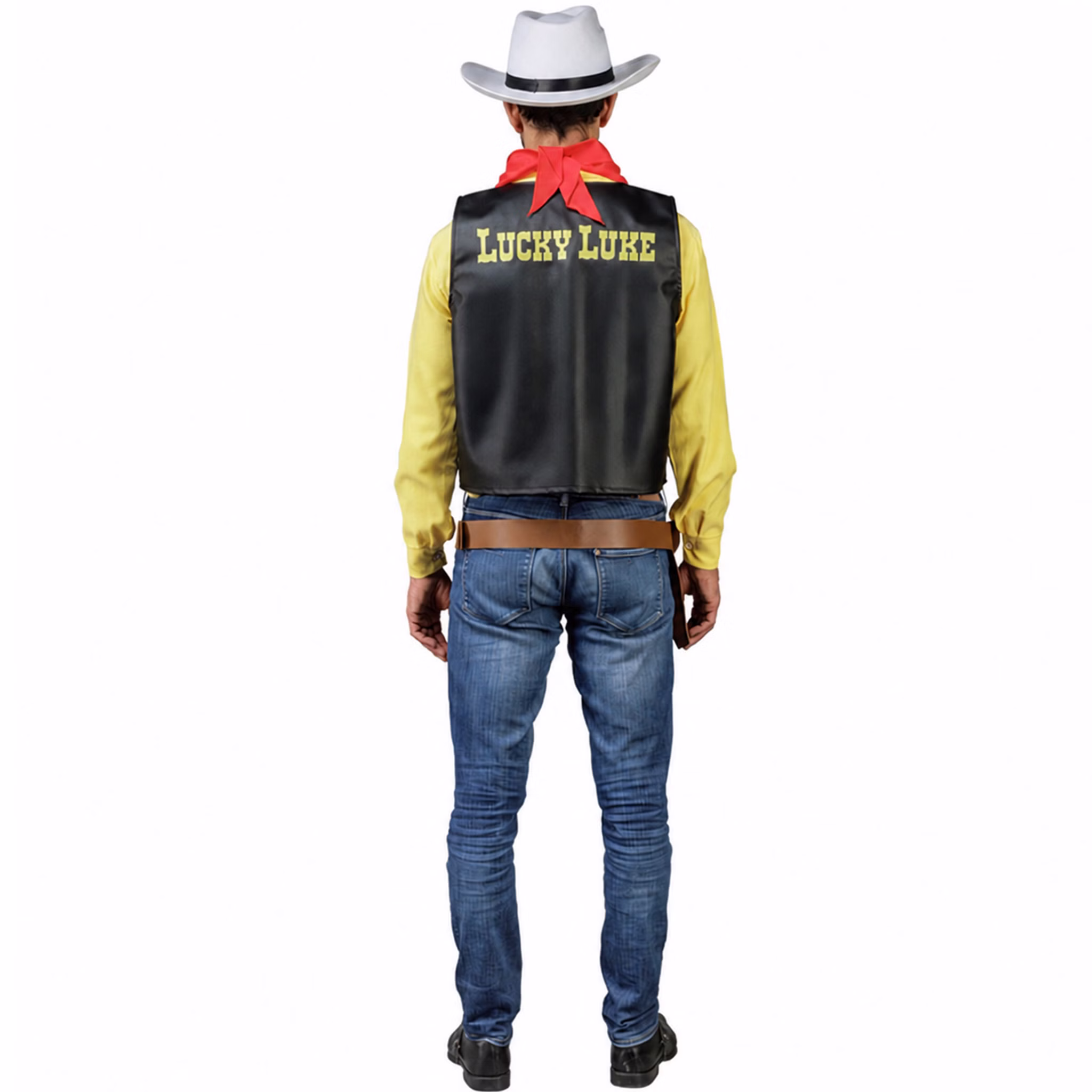 Lucky Luke Cowboy Kostüm mit Cowboy-Hut & Holster für Herren Gr. M-XXL Lizenzkostüm Fasching Karneval Western Mottoparty Paarkostüm Gruppenkostüm Rückansicht des Lucky-Luke-Kostüms für Herren mit weißem Cowboyhut, rotem Halstuch, Holster und Schriftzug auf der Weste.