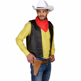 Lucky Luke Cowboy Kostüm mit Cowboy-Hut & Holster für Herren Gr. M-XXL Lizenzkostüm Fasching Karneval Western Mottoparty Paarkostüm Gruppenkostüm Herrenmodell im Lucky-Luke-Cowboykostüm mit weißem Hut, gelbem Oberteil, schwarzer Weste, rotem Halstuch und Holster.