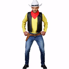 Lucky Luke Cowboy Kostüm mit Cowboy-Hut & Holster für Herren Gr. M-XXL Lizenzkostüm Fasching Karneval Western Mottoparty Paarkostüm Gruppenkostüm Ganzkörperansicht des Lucky-Luke-Kostüms für Herren mit weißem Cowboyhut, rotem Halstuch, schwarzer Weste und Holster.