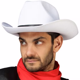 Lucky Luke Cowboy Kostüm mit Cowboy-Hut & Holster für Herren Gr. M-XXL Lizenzkostüm Fasching Karneval Western Mottoparty Paarkostüm Gruppenkostüm Seitliche Nahaufnahme des weißen Cowboyhuts mit schwarzem Hutband, getragen zum Lucky-Luke-Kostüm für Herren.