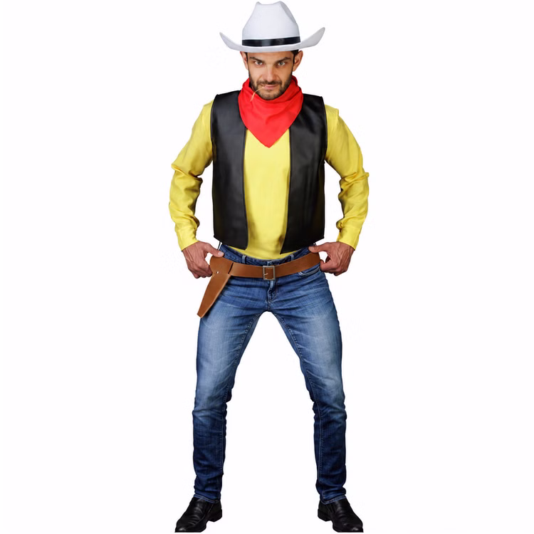 Lucky Luke Cowboy Kostüm mit Cowboy-Hut & Holster für Herren Gr. M-XXL Lizenzkostüm Fasching Karneval Western Mottoparty Paarkostüm Gruppenkostüm Ganzkörperansicht des Lucky-Luke-Kostüms für Herren mit weißem Cowboyhut, rotem Halstuch, schwarzer Weste und Holster.