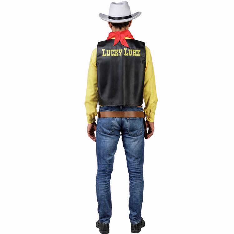 Lucky Luke Cowboy Kostüm mit Cowboy-Hut & Holster für Herren Gr. M-XXL Lizenzkostüm Fasching Karneval Western Mottoparty Paarkostüm Gruppenkostüm Rückansicht des Lucky-Luke-Kostüms für Herren mit weißem Cowboyhut, rotem Halstuch, Holster und Schriftzug auf der Weste.