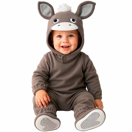 Esel Kostüm Emil grauer Overall Kleinkind 1-2 Jahre Lächelndes Kleinkind im grauen Esel Kostüm Emil mit großen Ohren, Mähne, Overall und Schuhüberziehern vor weißem Hintergrund. Hinweis: KI generiertes Bild