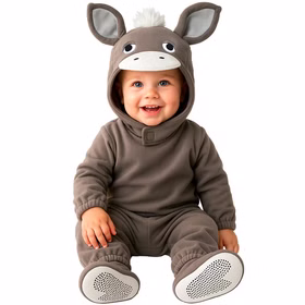 Esel Kostüm Emil grauer Overall Kleinkind 1-2 Jahre Lächelndes Kleinkind im grauen Esel Kostüm Emil mit großen Ohren, Mähne, Overall und Schuhüberziehern vor weißem Hintergrund. Hinweis: KI generiertes Bild