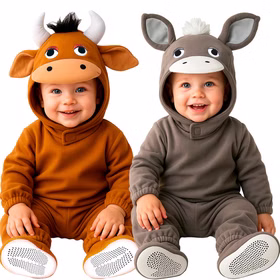 Kuh Kostüm Fridolin und Esel Kostüm Emil für Kleinkinder Zwei Kleinkinder im braunen Kuh Kostüm Fridolin und grauen Esel Kostüm Emil mit Tiermützen und Schuhüberziehern. Hinweis: KI generiertes Bild