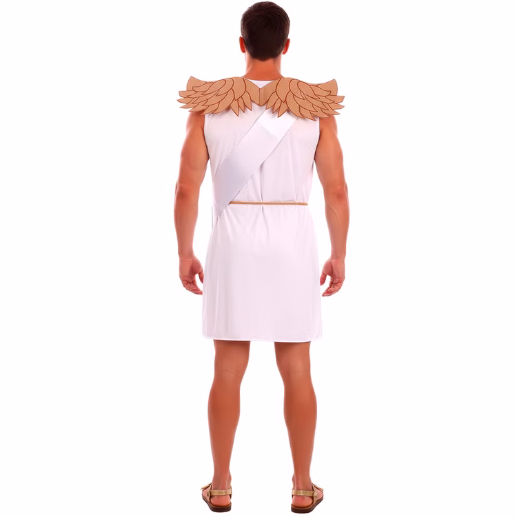 Amor Kostüm Valentin Rückansicht mit goldenen Flügeln Amor Kostüm Valentin für Herren von hinten mit weißer Tunika, Kordelgürtel, bedruckter Schärpe und goldenen Engelsflügeln.