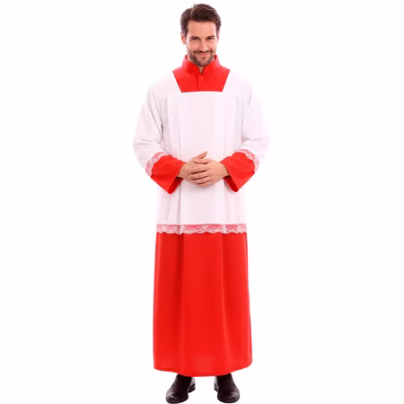 Priester Kostüm Pater Benedikt rote Robe für Herren Mann im Priester Kostüm Pater Benedikt mit roter bodenlanger Robe, weißem Überwurf, Stehkragen und Spitzenbesatz.