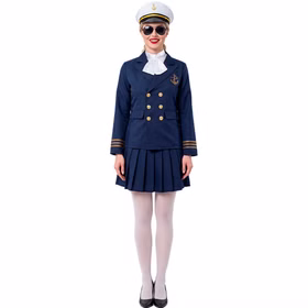 Kapitänin Kostüm Marina Marine Uniform Vorderansicht Frau im dunkelblauen Kapitänin Kostüm Marina mit Marinejacke, Faltenrock, weißem Halstuch und Kapitänsmütze.